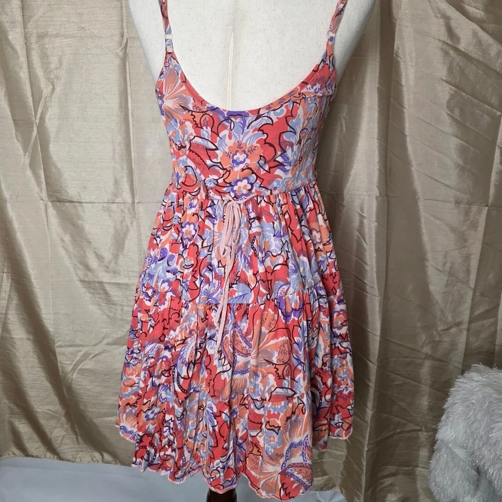 Free People Floral Paisley Beaded V-Neck‎ Tiered Mini Dress Orange Purple XS